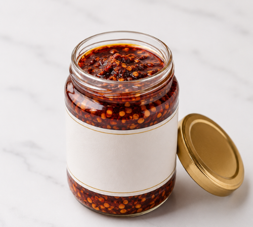 Chilli Oil in a glass jar on a white marble surface