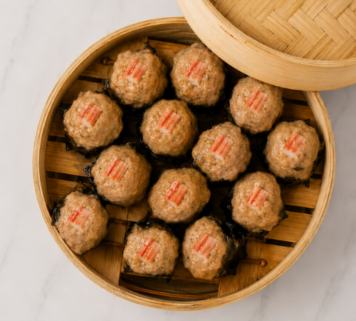 RTK Japanese with Crab Siomai served in an open bamboo steamer basket.